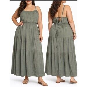 Olive 1x Maxi Tiered Spaghetti  Adjustable Strap Boho Vacation Cottagecore Dress